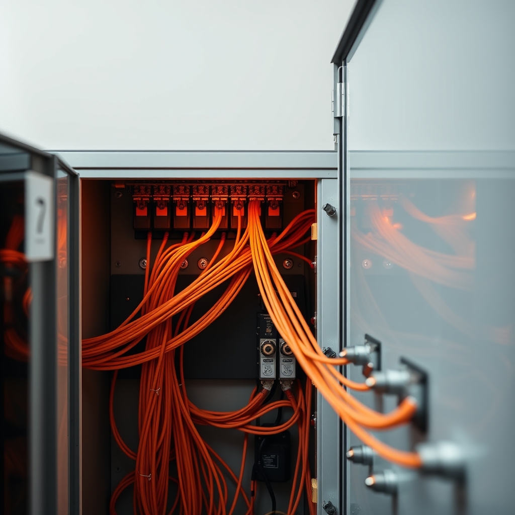 Copper electrical cabling glowing warmly inside an open switchboard