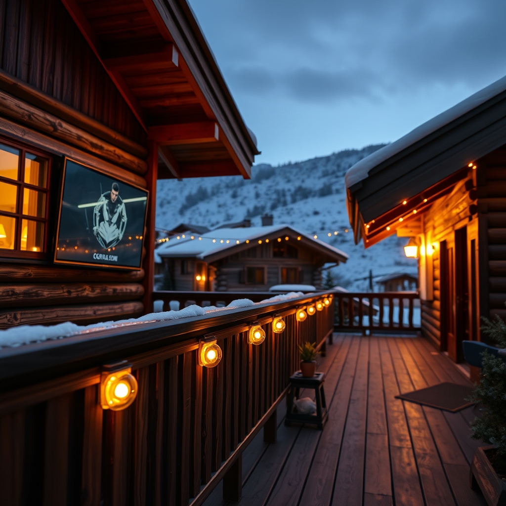Warm outdoor lighting installed along the deck of an alpine chalet at night