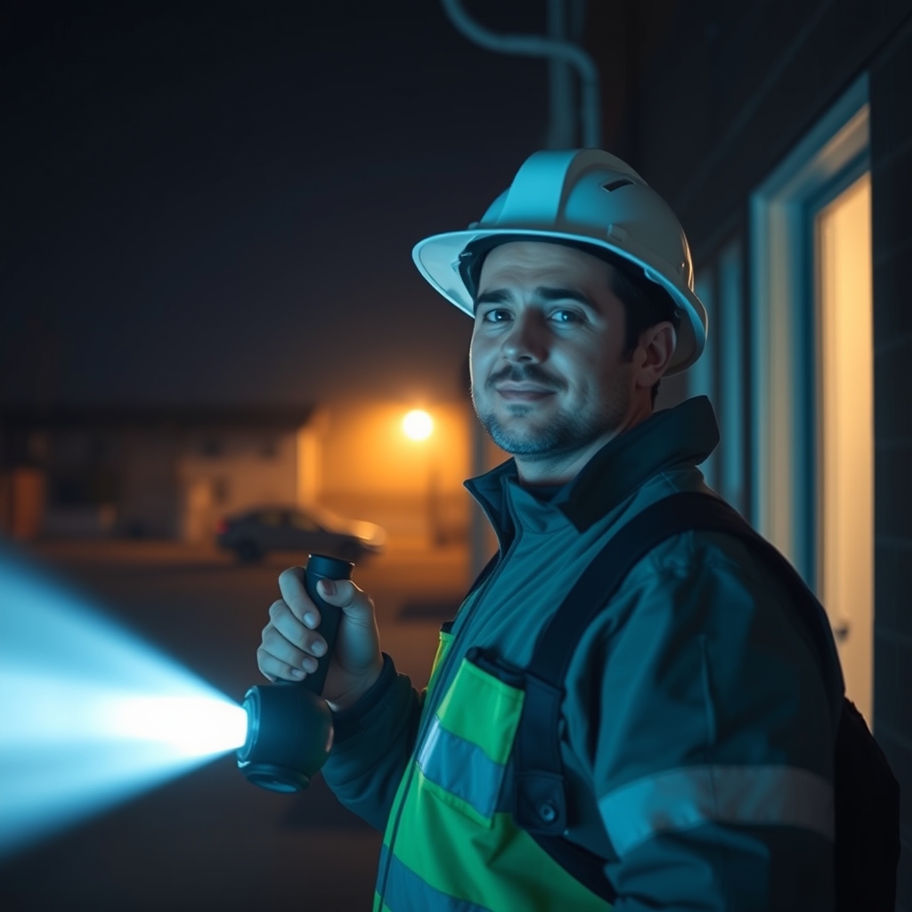 Electrician arriving at night with a torch to attend an emergency electrical fault
